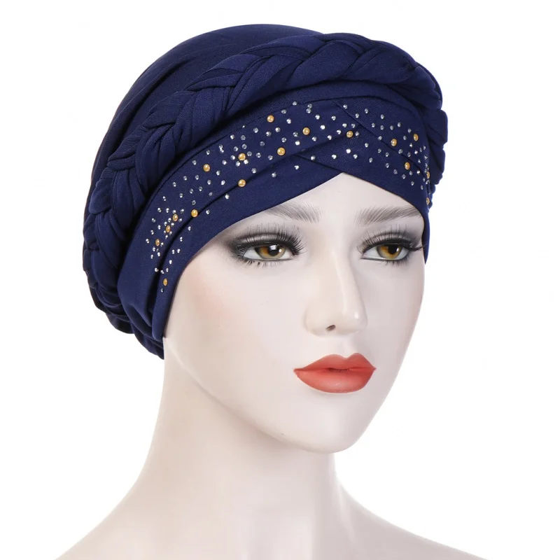 New European and American Foreign Trade Monochrome Single Hot Drilling Braid Toque Cap Milk Silk India Toque Cap