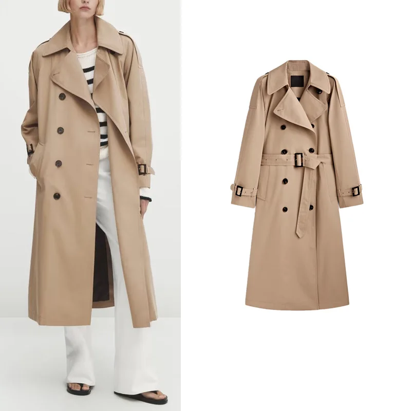 Classic Double-Breasted Long Coat MD Women's Fashion Large Collar Commute OL British Style Retro Windbreaker Long Sleeve