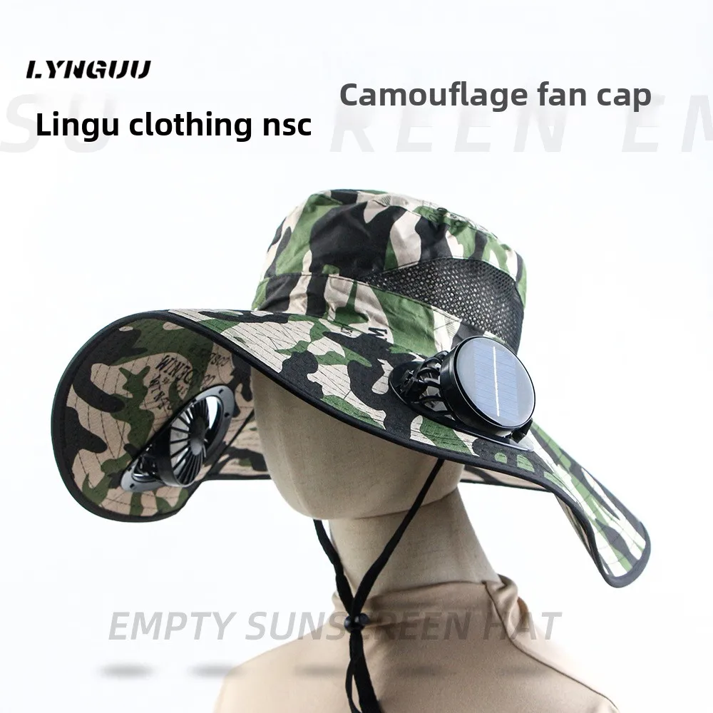 

2025 solar Fan Camouflage Hat Men's Summer Fishing Ha t Visor Ha t Big Eaves H at Sun Protection Ha t Outdoor Bucket Hat