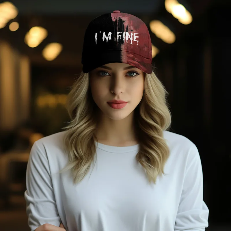 

I'm Fine 3D Hat 2024 Halloween European American Hip-hop Canvas Bloodstain Street Trend Outdoor Sun Hat Unisex Baseball Hat New