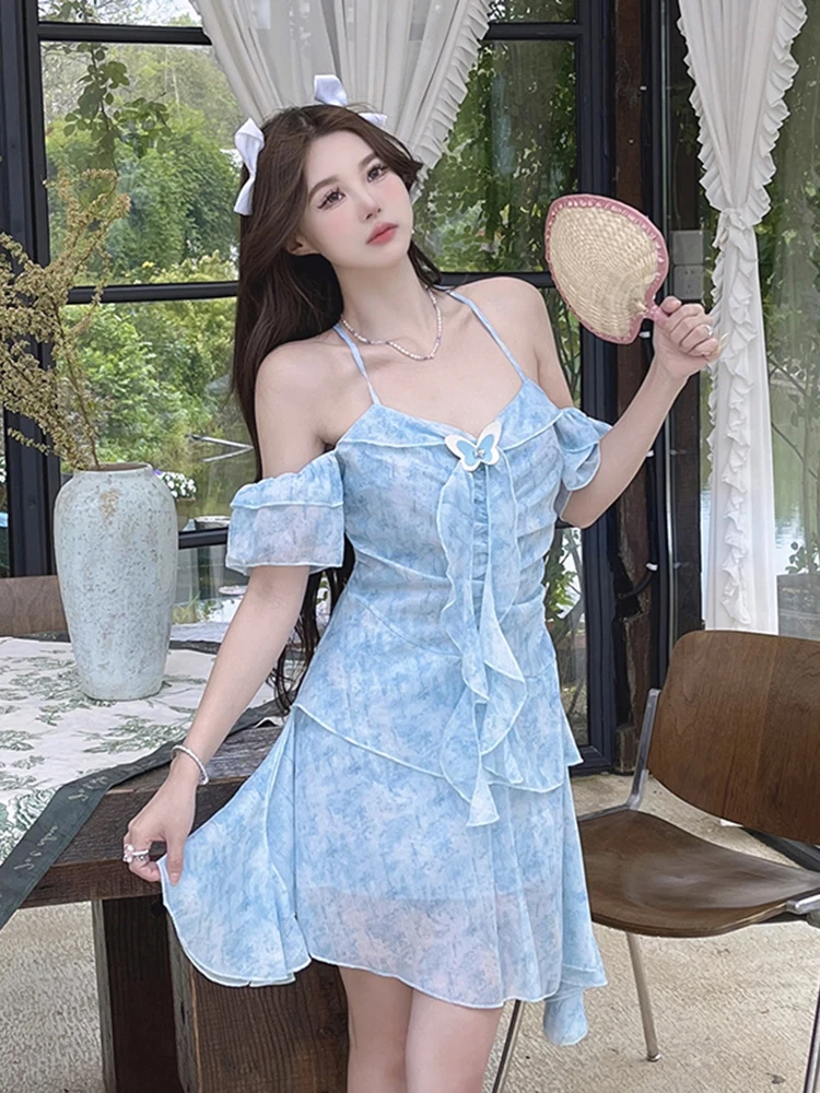 

Ele Blue Oceana Chiffon Strap Dr Summer New ArrivaNI StoreSweet Sleort Length00% Other MaterialDr