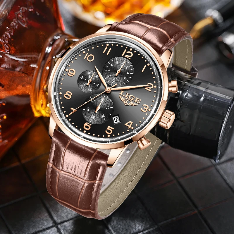 

LIGE уличные модные кварцевые мужские часы с простым циферблатом, повседневные спортивные кожаные часы, водонепроницаемые ретро-модные часы с датой для мужчин, подарки