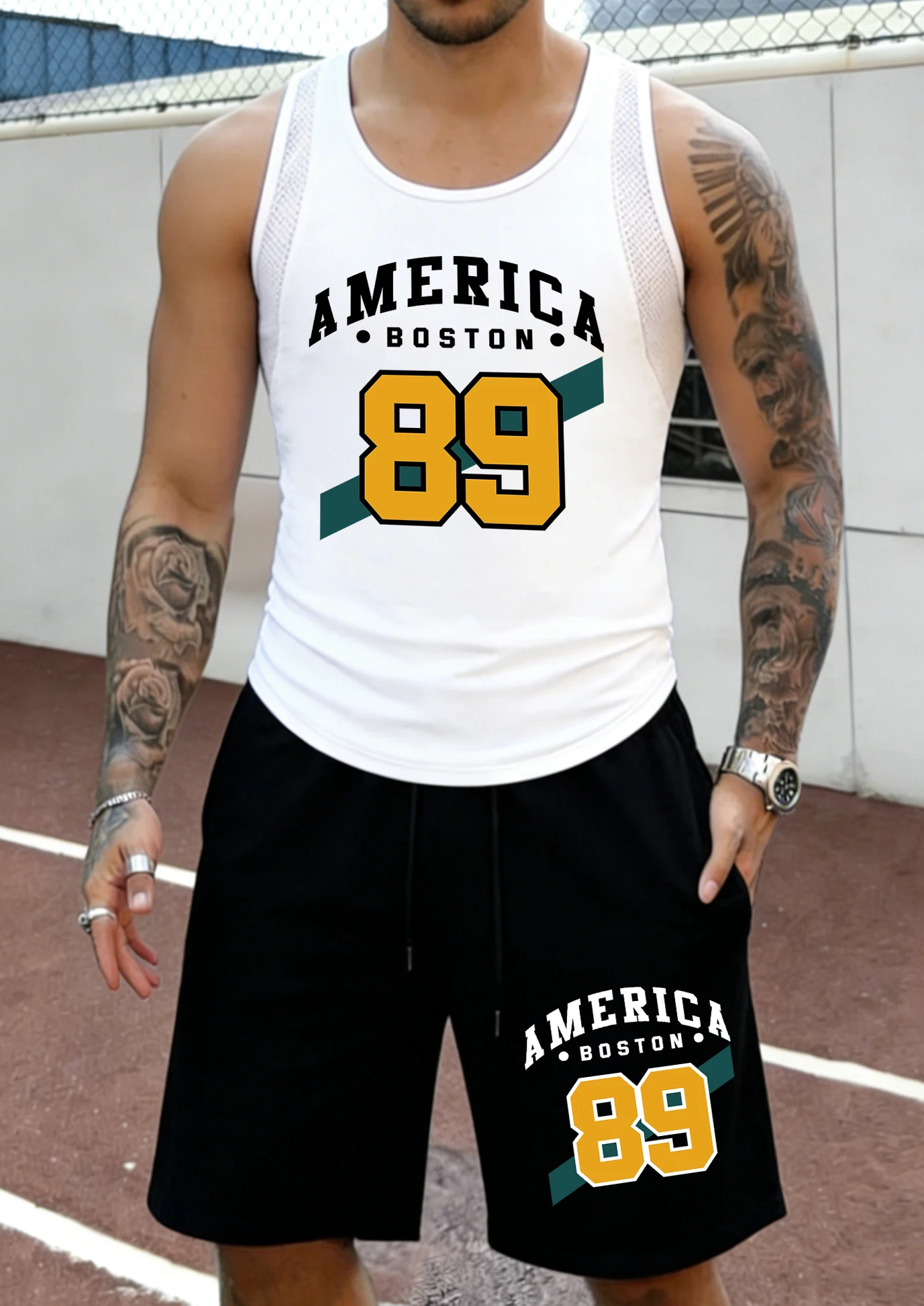 American Boston No.89 Print Male Summer Mesh Loose Short Suits All-Match Street Sportpants Basic Simple Vest Outdoor Shorts