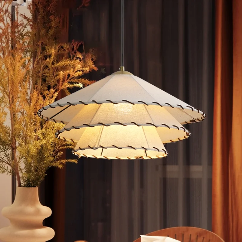 Japanese Style Cone Pendant Light Vintage Fabric Lampshade Hat Lamp For Living Dining Room Home Decoration Bedroom Tea Room Lamp