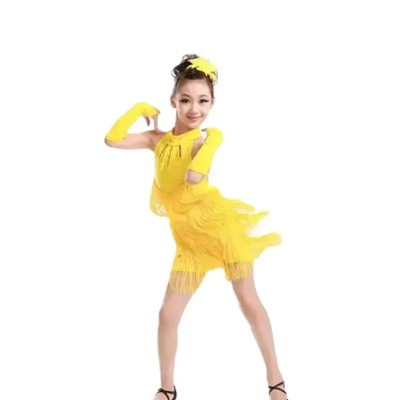 Ballroom Latin Salsa Dancewear Dance Costume candy color solid latin dress Child Girls Tassel Dress