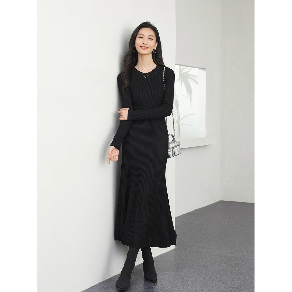 VIMLY robes longues 2025 hiver femme élégante laine mélange tricoté robe de soirée a-ligne col rond mince moulante robe mi-longue 73533