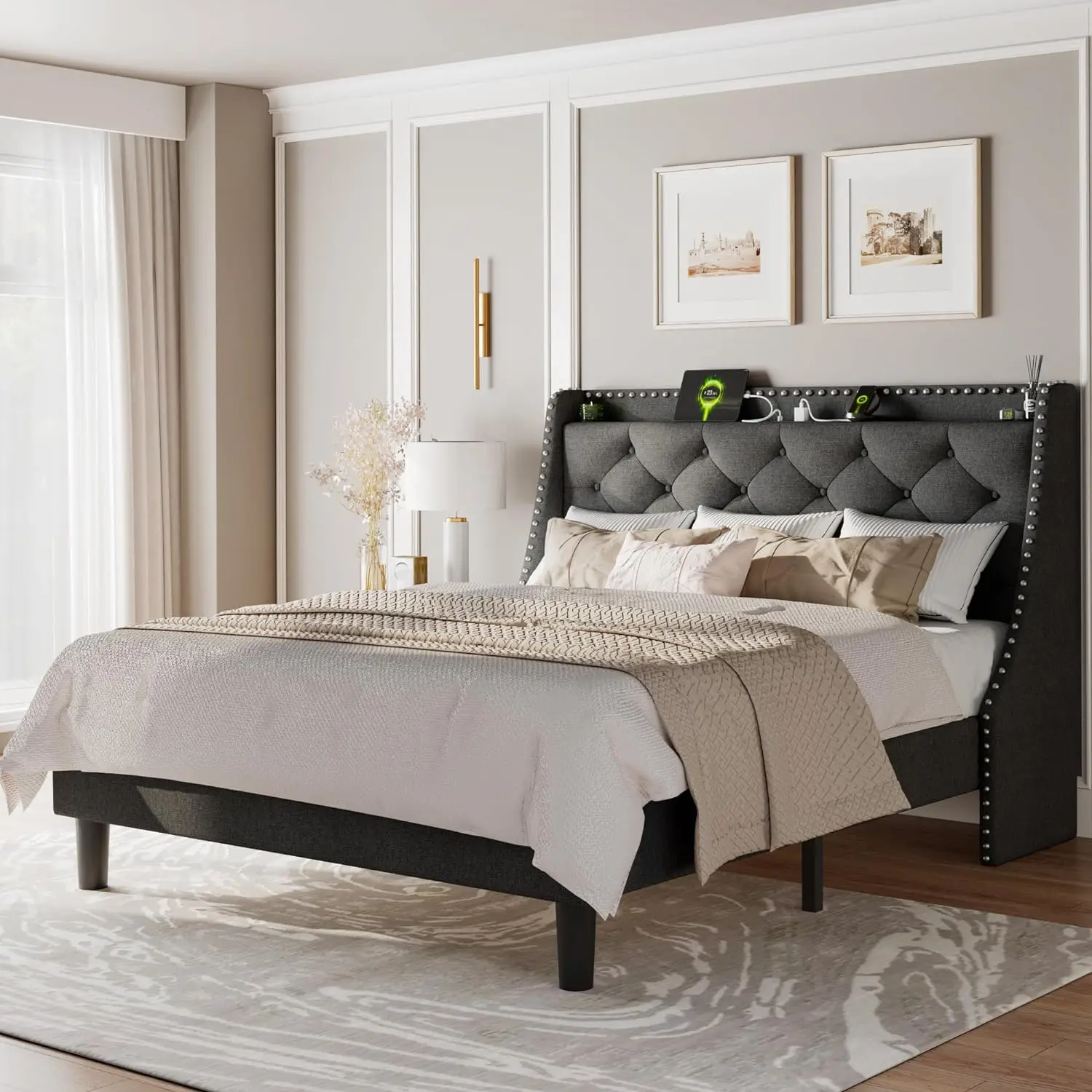 Feonase Queen Bed Frame With Luxury Wingback And Fast Charging Station,Upholstered Button Tufted Storage Headboard Platform