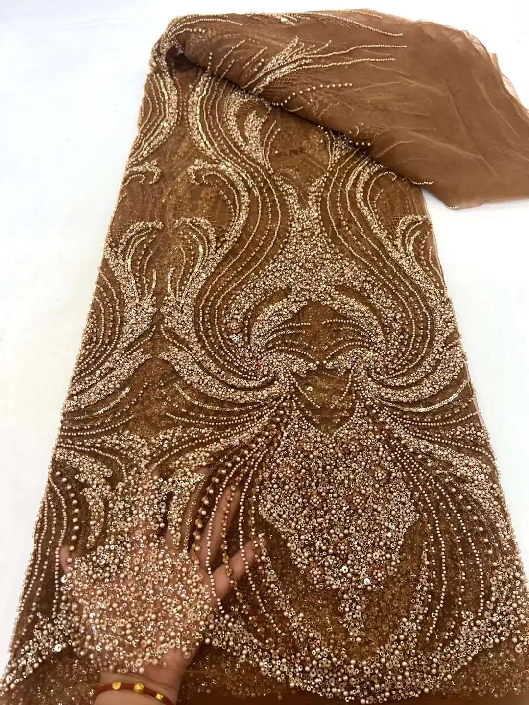 5 Yards Tulle Net African Lace Fabric Beaded Lace 2024 High Quality Gold Nigeria Sequin Fabrics for Wedding Evening Dress Sewing