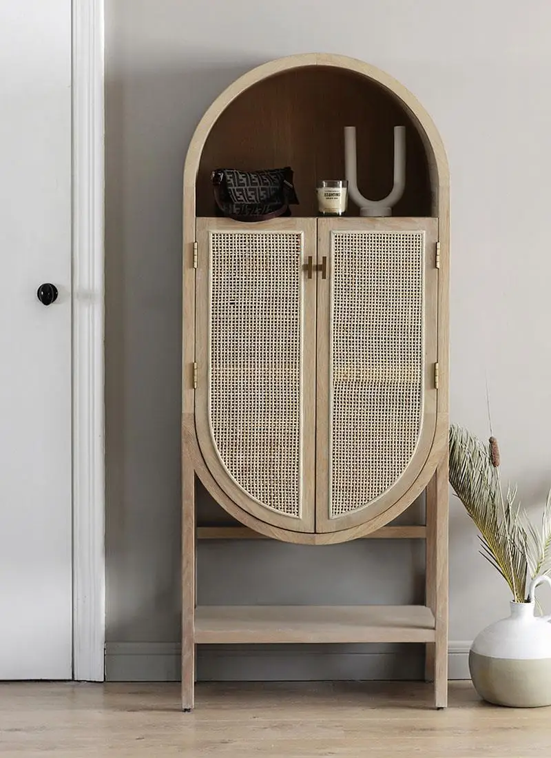 Retro living room household rattan dining side cabinet round arch vertical cabinet double door display cabinet