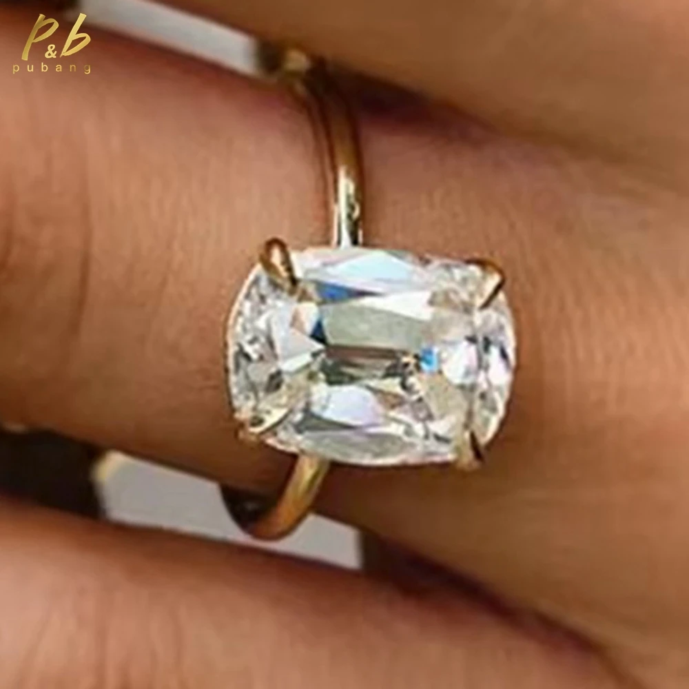 

PuBang Sparkling VVS1 3EX D Color Real Moissanite Ring 5.7Carat Vintage White Old Mine Cushion Cut Real 9k 14k Yellow Gold Rings