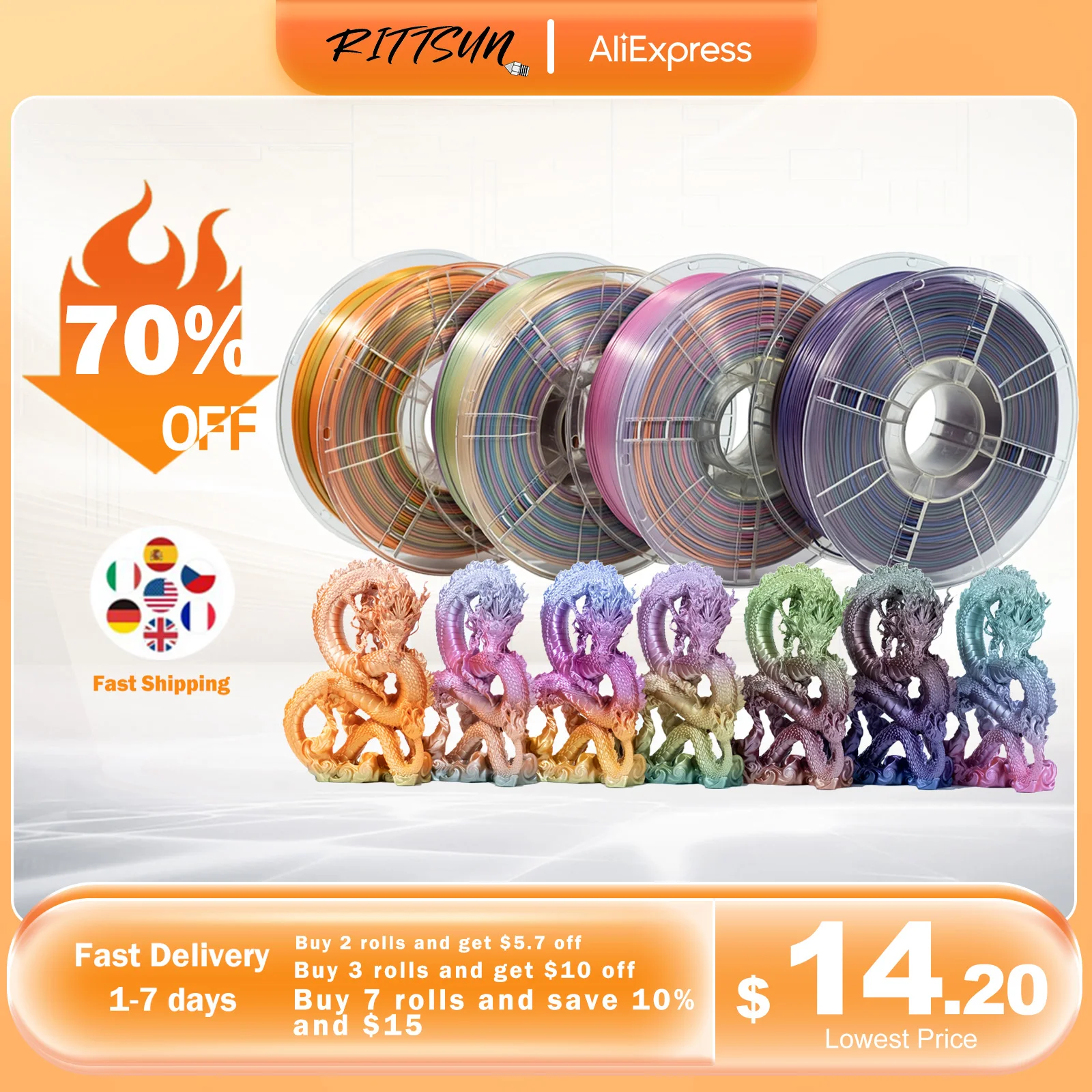 RITTSUN PLA Silk Rainbow Filament 1.75mm Multicolor Silk PLA 3D Printer Filament 1KG Spool 3D Printing Material For 3D Print