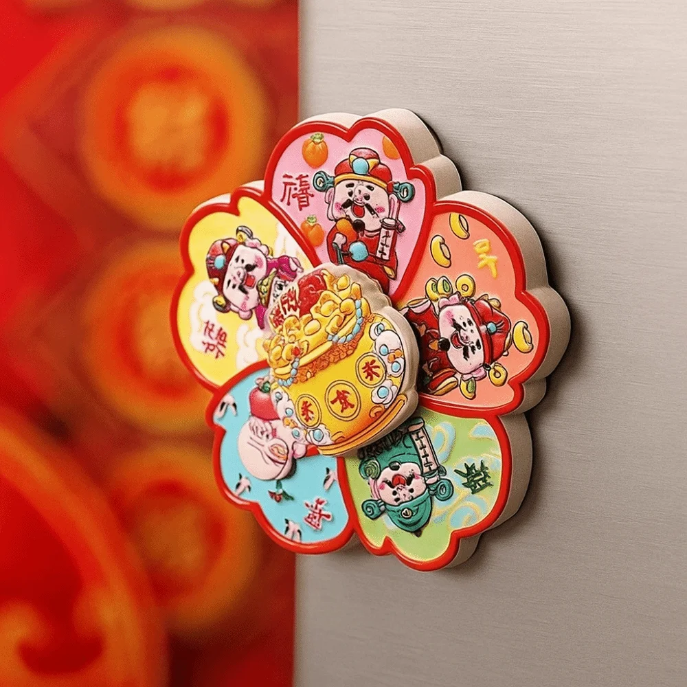 3D Rotating Refrigerator Magnets God of Wealth Chinese Style New Year Magnetic Sticker Traditional Cartoon