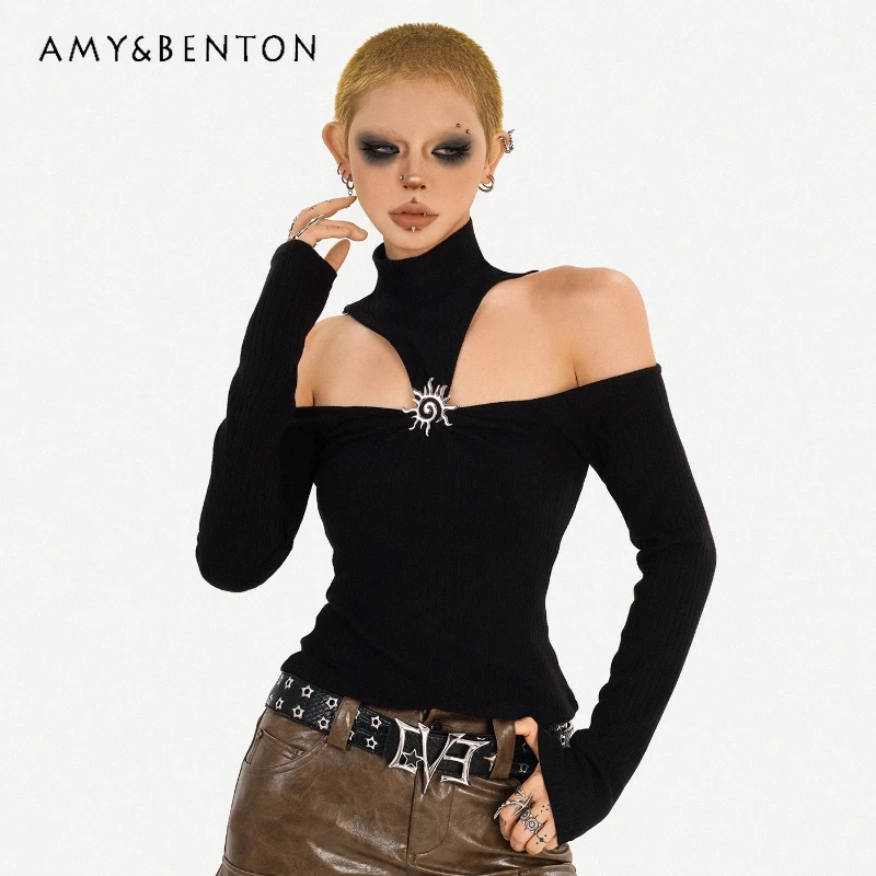

Autumn New Personality Cool Black Halter Women's Top Gothic Dark Design Sexy Off-Shoulder Long Sleeve High Neck T-Shirt Ladies