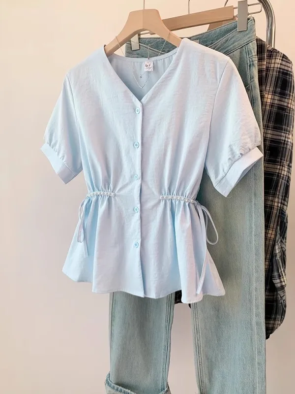 

plus Size Women's Blue irt V-Ne ort Sve Slimming Waist High Waist Commute Sle Korean Version Summer Top