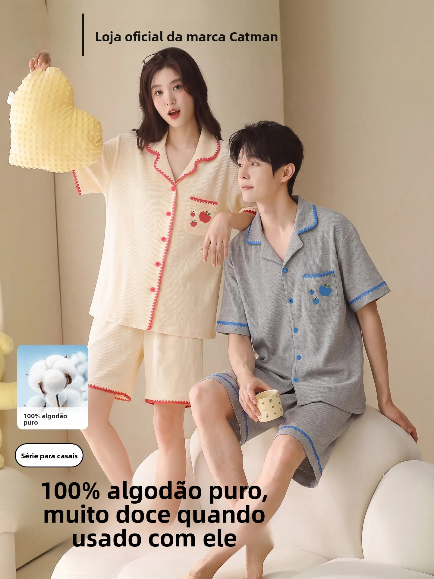 woman-summer-thin-pure-cotton-short-sleeve-sleepwear-set-couples-cartoon-cute-men's-home-clothes-outfit-loose-fit-breathable