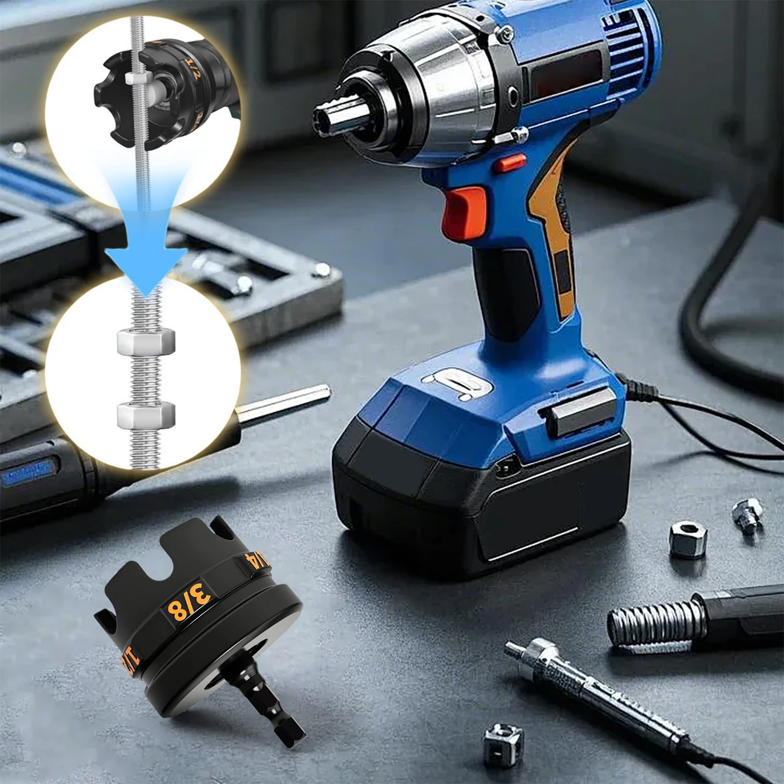 3-in-1 Metal Nut Zipper Drill Attachment Tool Kit - Hex Shank Spinner for 1/4 3/8 1/2 In Threaded Rods, Remover for Conduit Rack