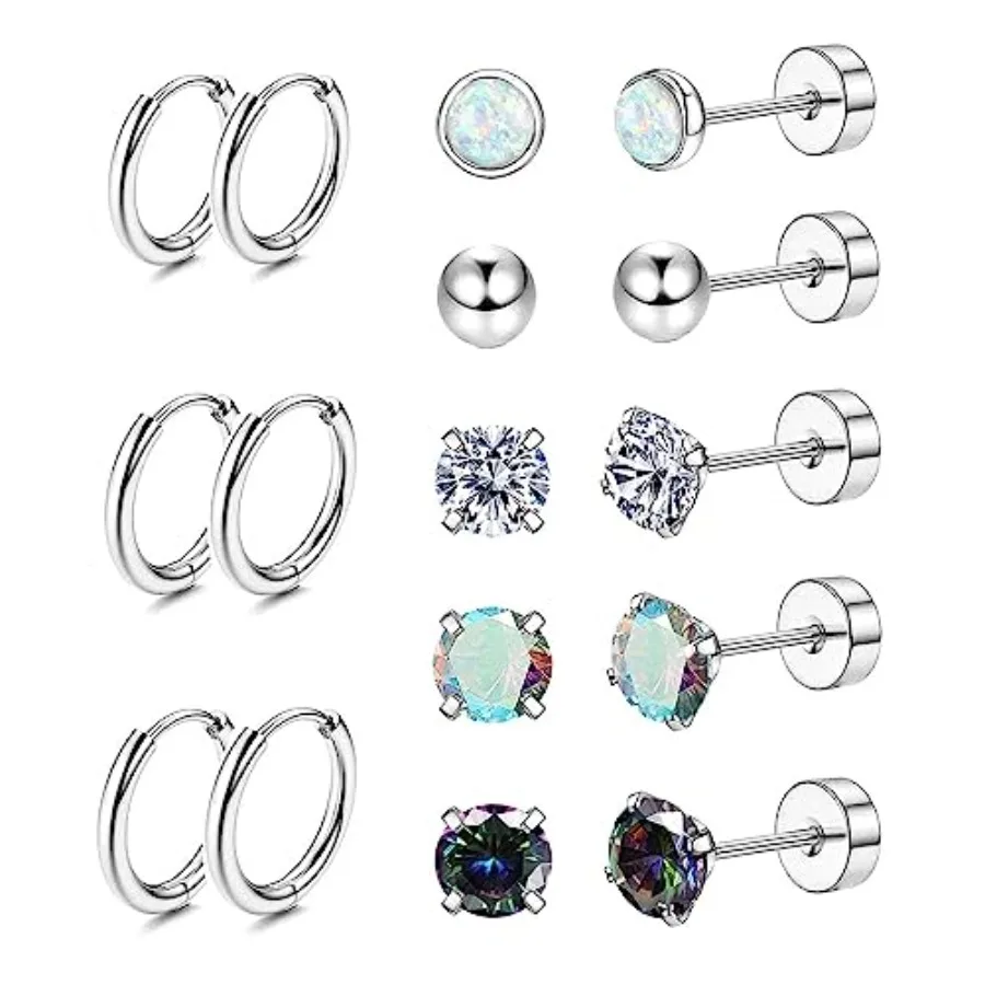 Pendientes de Acero Quirúrgico para Orejas Sensibles, Hipoalergénicos, de Acero Inoxidable 20G, Tipo Stud y Aro, para Mujeres y Hombres, con Pequeña Bola de Ópalo