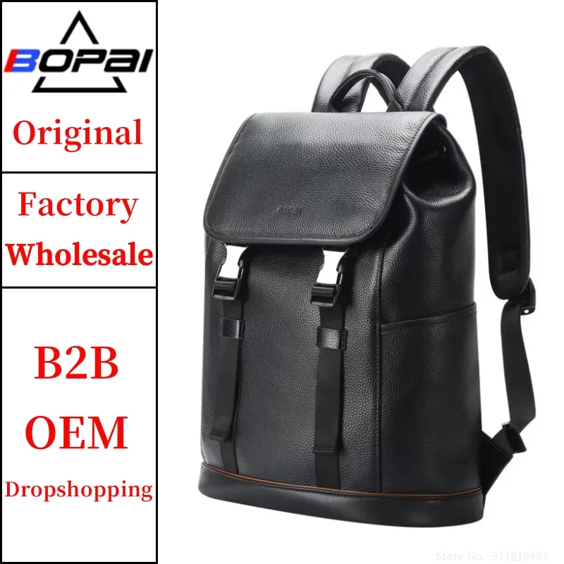 BOPAI Wholesale Premium Office Travel Back Pack Trolley 15.6 Inch Laptop Customized Luxury Genuine Leather Man Casual Backpack