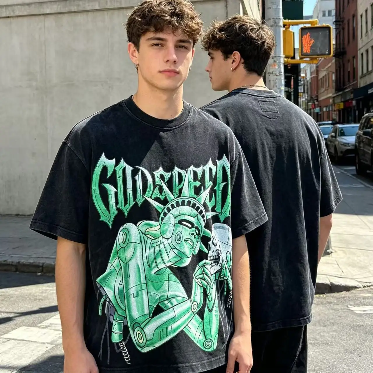 Godspeed American Trendy Robot Print INS Retro Washed Heavyweight Loose Pure Cotton Short Sleeve T-Shirt Youth Popular Street...