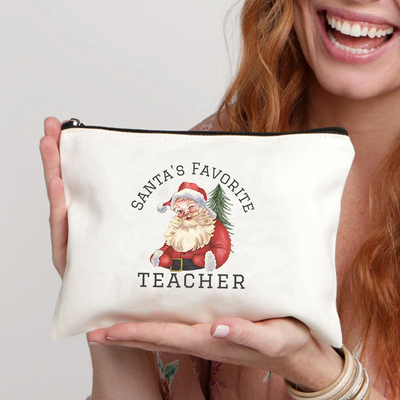 Santa's Favorite Teacher Cosmetic Pouch Xams Merry Christmas Ornament Bag New Year Gift for Teachers Travel Makeup Brush Clutch