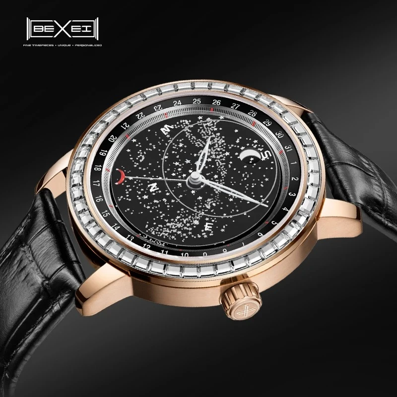 

BEXEI минималистичные мужские часы с автоматическим механизмом Galaxy, модные роскошные механические часы с календарем и фазой Луны, с сапфировым стеклом