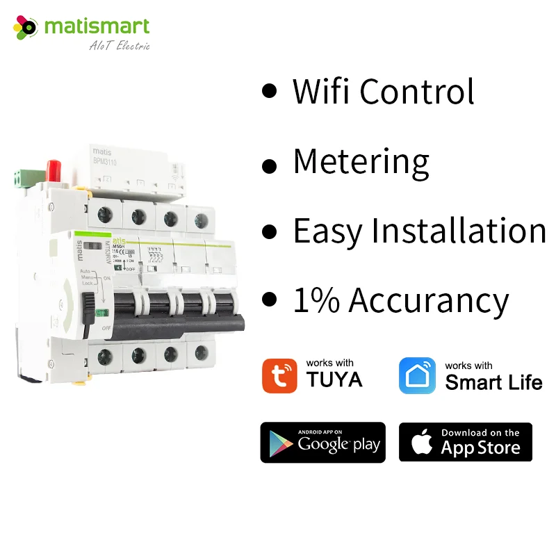 Matismart Tuya Wifi smart Life Reclosing MCB with Energy Metering 4P 16A 25A 40A 63A