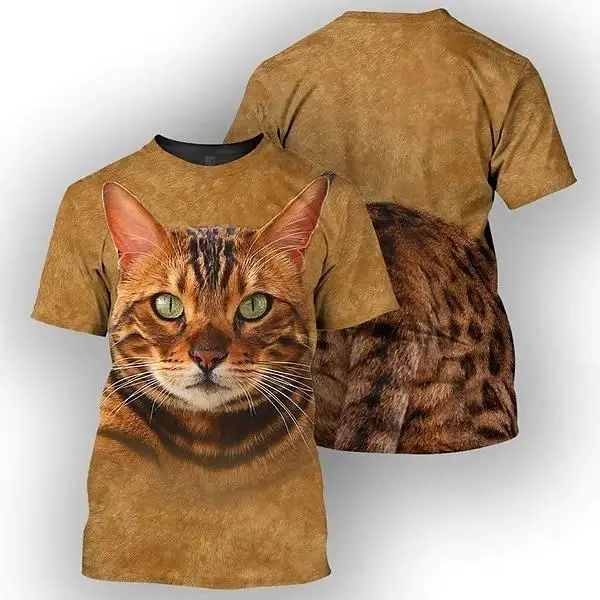 Camiseta de Hombre con Estampado 3D Realista de Cara de Gato, Negra, con Diseño de Gatito Bengal Maine Coon Escondido, Gráfico de Doble Cara, Cuello Redondo