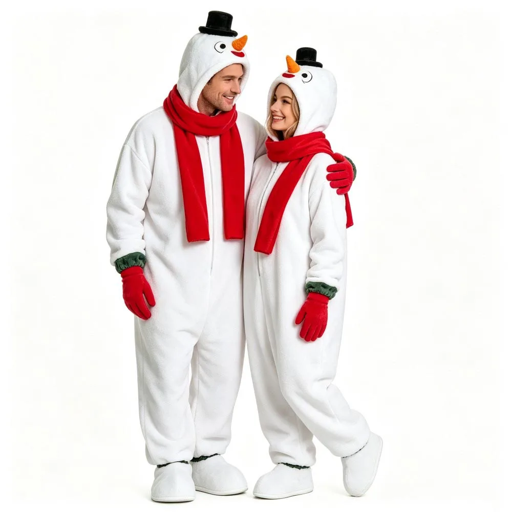 Winter Warm Fleece Snowman Cosplay Costume Adult Kid One Piece Pajamas Hooded Jumpsuit for Christmas Halloween Costumes for Men