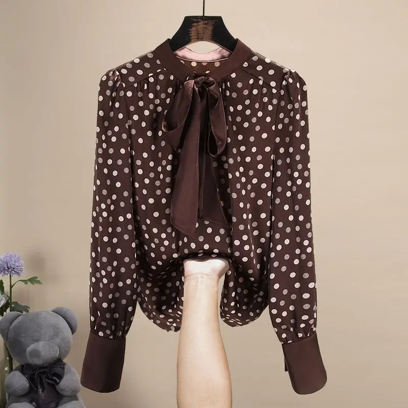 Spring 2024 New Elegant Polka Dot Long Sleeve Blouse Women Clothing Fashionable Lacing Bow Patchwork Shirts Women Clothing