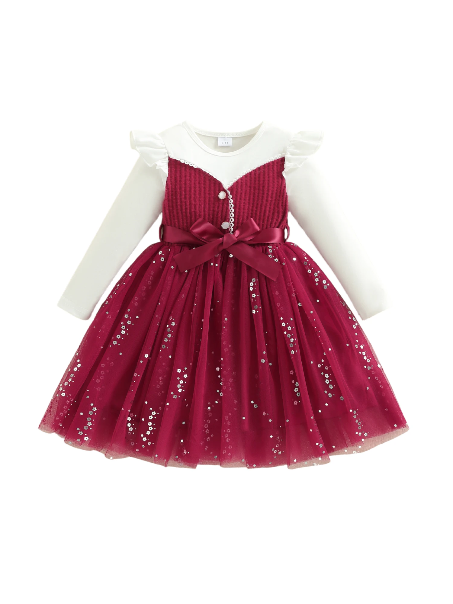 فستان الأميرة للفتيات بأكمام طويلة من الدانتيل المزين بالزهور ورقبة دائرية على شكل حرف A فستان كاجوال للخريف مع تفاصيل ترتر ولهجة فيونكة #1