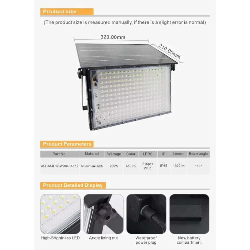 

Light Reflective Projector 200W Light Emitting Diode Solar Flood Light Outdoor Waterproof Folding Spotlight Wall Flood