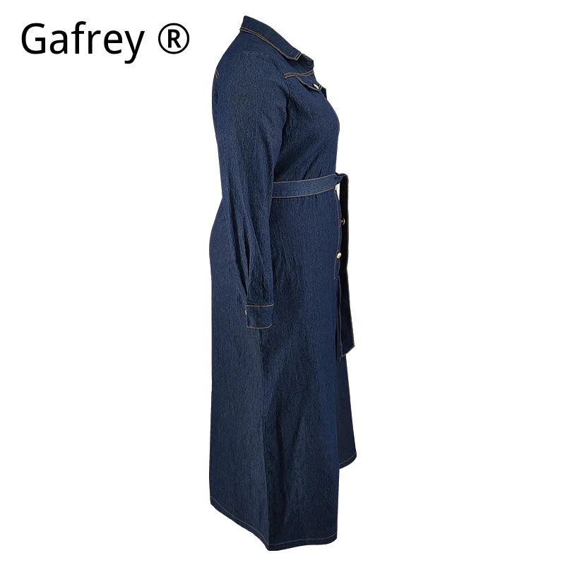 3XL 4XL 5XL Plus Size Women Denim Shirt Dress Lapel Collar Button Down Long Sleeve Winter Warm Casual Vintage Midi Dress Outfit - view 5