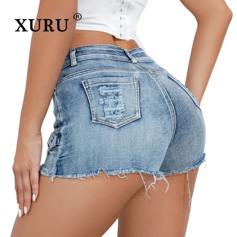 XURU - New Women's Sexy Ripped Jeans, Y2k Clothes High Waisted Elastic Summer Denim Shorts, Blue and Black Hot Pants