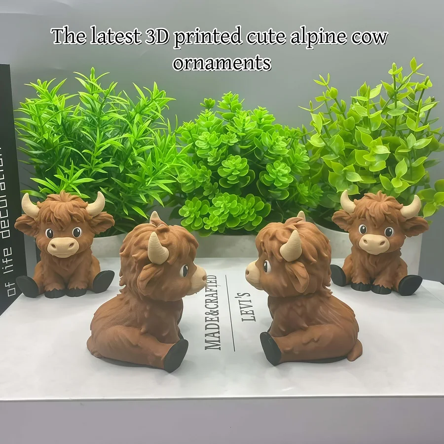 Scottish Highland Cow Statue Ornament - 3D Printed Scottish Cow, Seated Calf Plastic/Durable Indoor/Outdoor Decoration