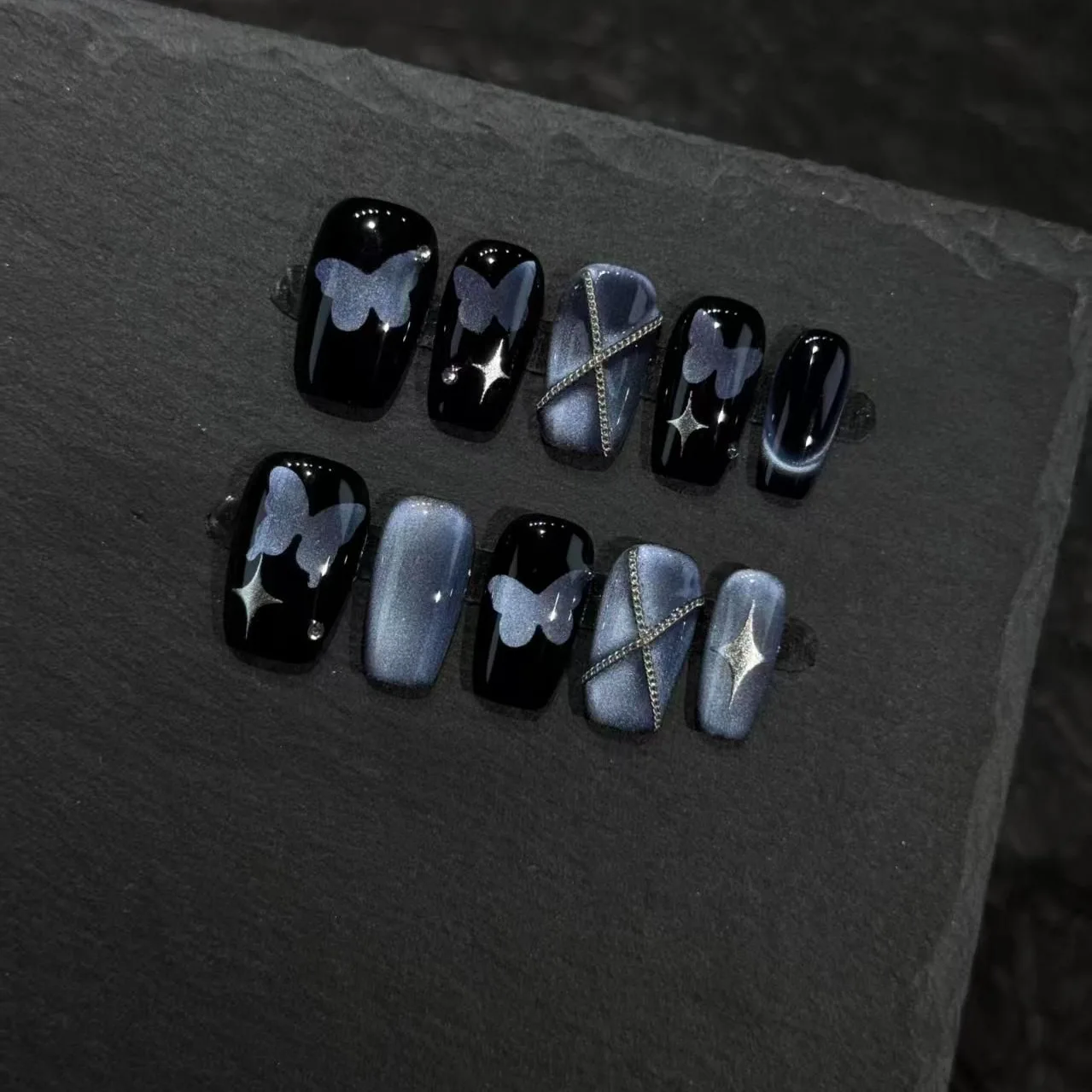 10pcs Handmade Short Press On Nails Black Blue Cat Eye Butterfly Chain Design Sweet Cool Fake Nails Wearable Nails Art Tips Girl