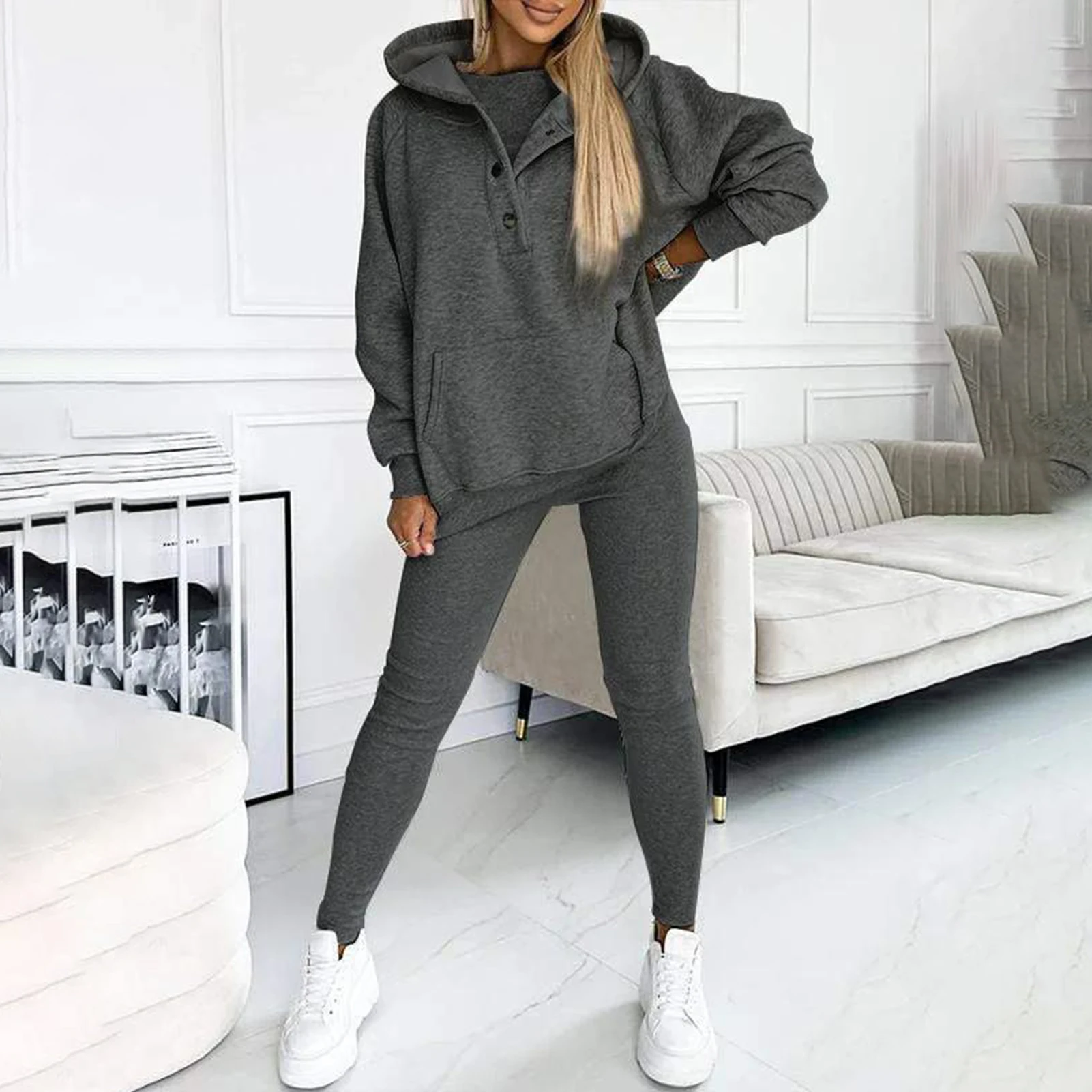 2Pcs/Set Women Spring Casual Outfit Hooded Long Sleeve Sweatshirt Joggers Pants Set Comfortable Solid Color Tracksuit