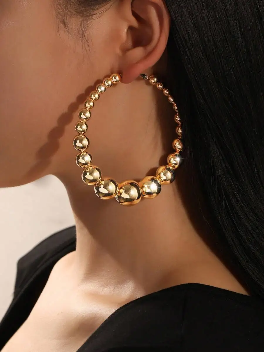 

Fashion Beaded Hoop Earring For Women Elegant Simple Design Gold Tone