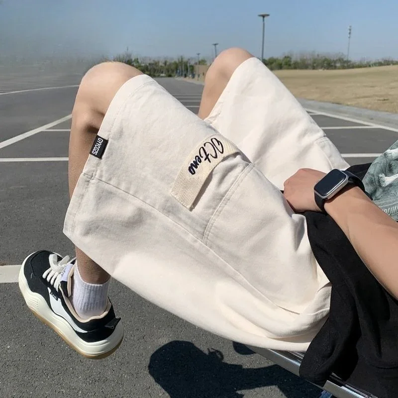 Solto cintura elástica meio sólido largo com bolsos shorts de carga dos homens bermuda calças curtas para homens desenhar corda longo baggy y2k strech