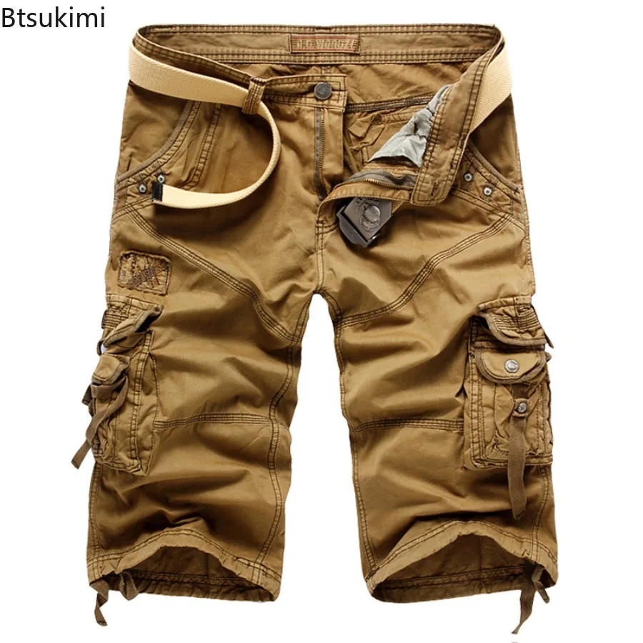 New Summer Casual Shorts Men's Solid Straight Cargo Shorts Outdoor Workout Joggers Pants Multi Pocket Knee Length Sweatpants Men