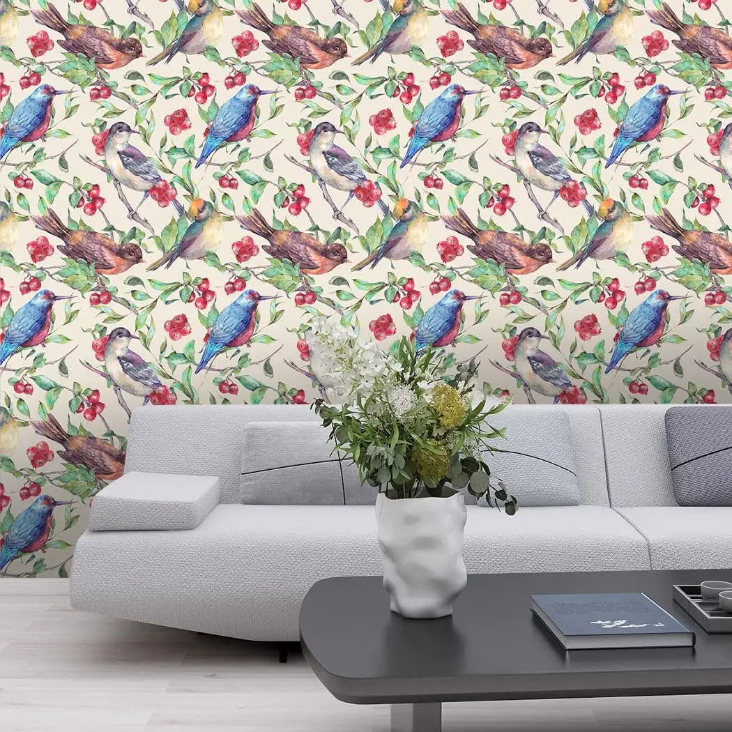 Birds Self Adhesive Wallpaper Red Lemon Peel and Stick Wallpaper Green Leaf Removable Contact Paper for Bedroom Livingroom