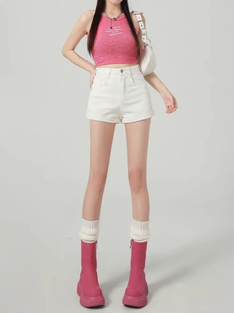 High Waist Thin Denim Short Pants Women's American Style Hot Girl Slimming Cuffed Casual Slimming A-Line Hot Pants Summer