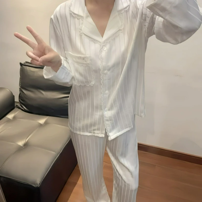 Ice Silk Single-breasted Pajamas for Women 2026 Spring Fashion Light Luxury High-end Long-sleeved Long Pants Lace Home Wear Set
