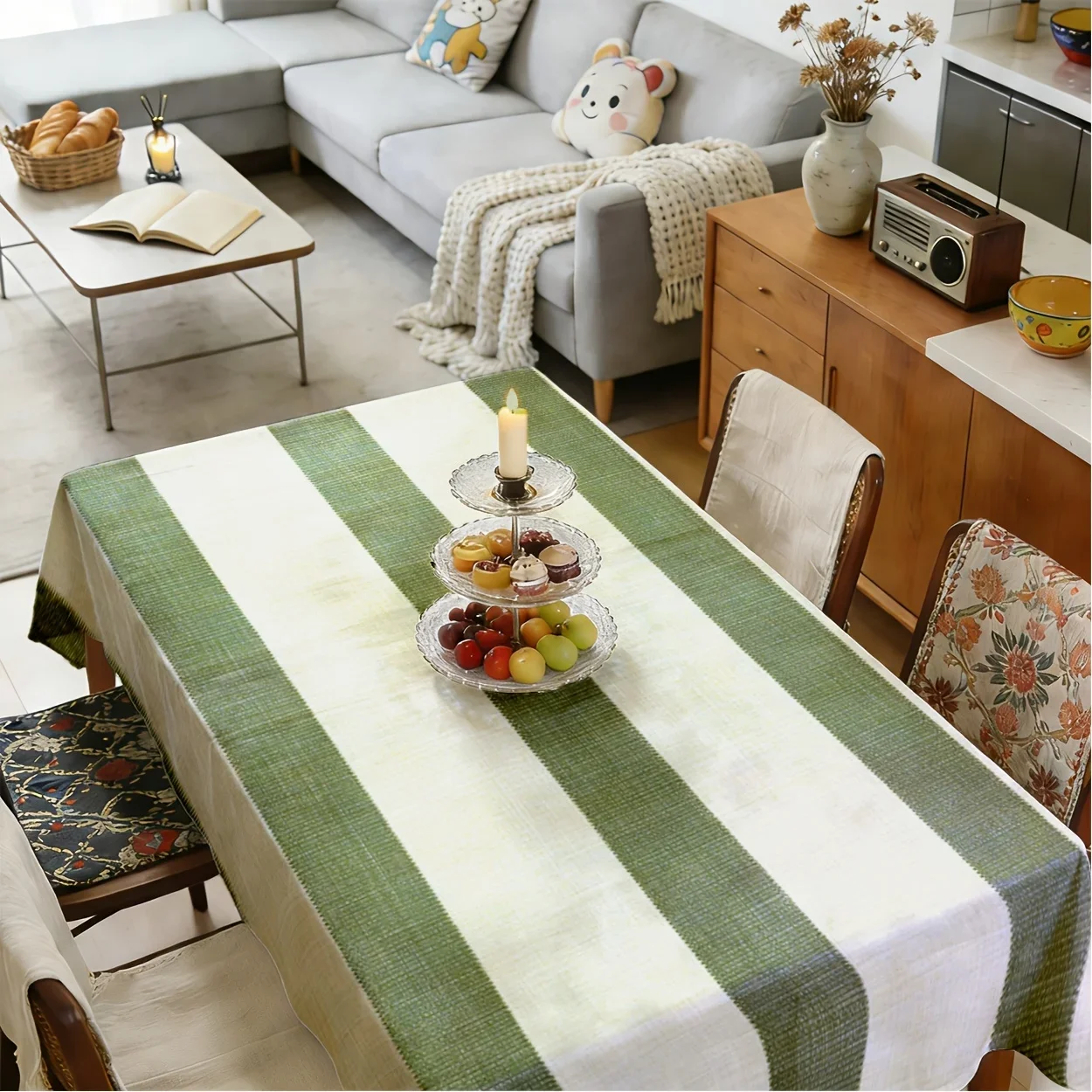 Tablecloth 2D Flat Printing 1 piece - Rectangular olive green with white stripes, yzb