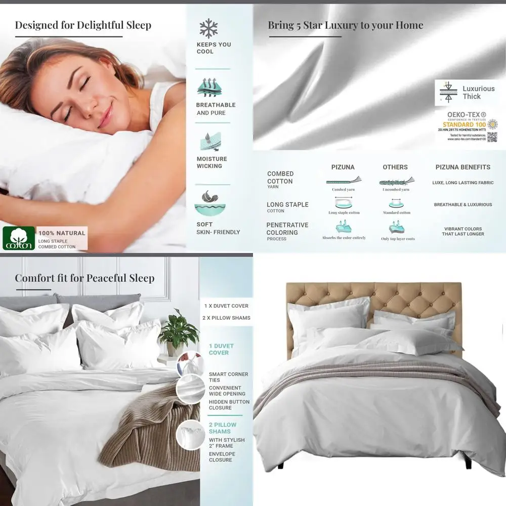 

Комплект пододеяльников из 100% хлопка размера «queen-size», длинное штапельное сатиновое плетение 600TC с застежкой на пуговицы, чистый белый цвет