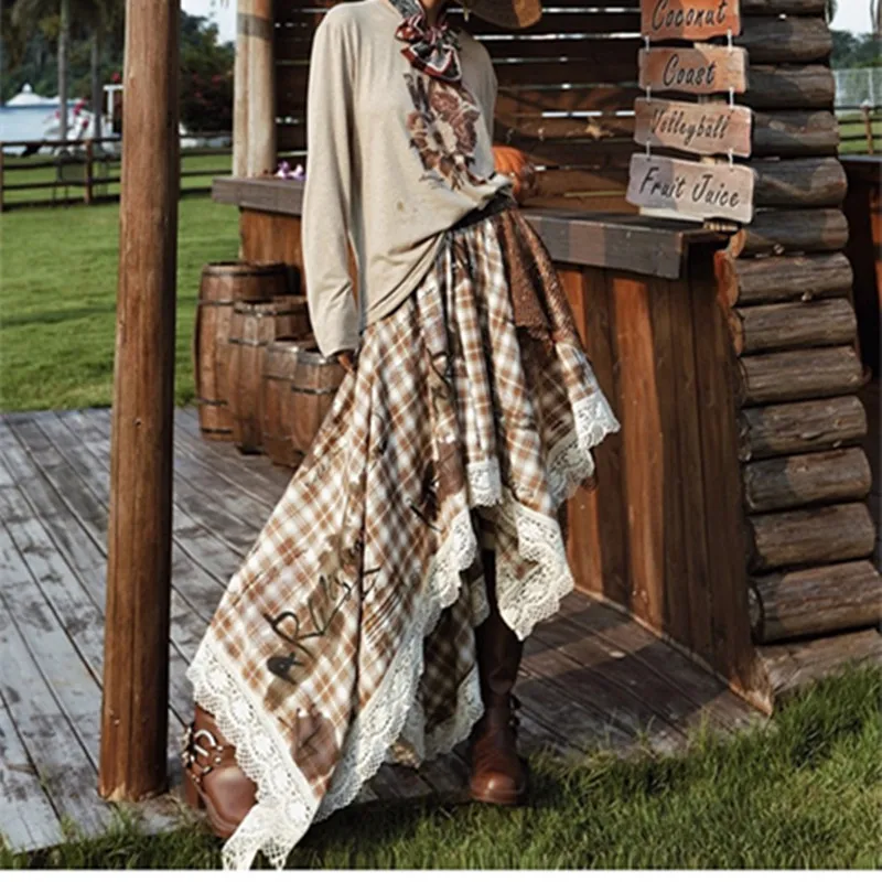 

TIYIHAILEY-Women's Long Maxi Irregular Skirt Elastic Waist Plaid Printed Fashion 2025 New Ladies Patchwork Spring Autumn