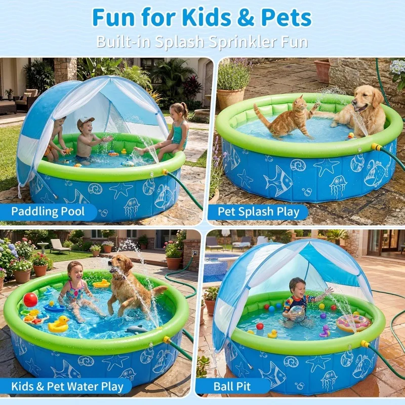 Foldable Kids Frame Pool Sun Shade Canopy Portable Outdoor Beach Wading Pool Dual Use Play Tent Ball Toddler Summer Water Toy