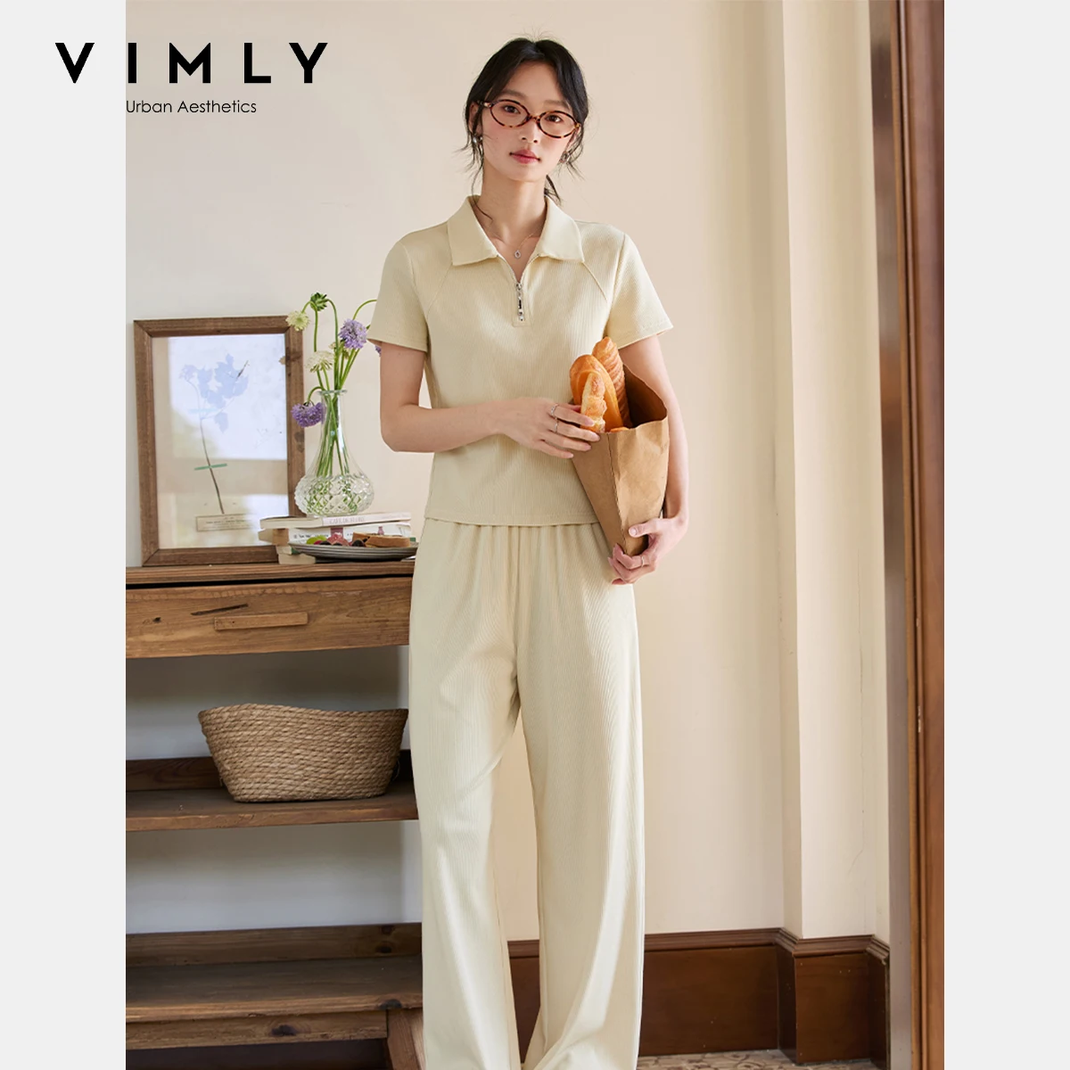 

VIMLY 2 Pieces Set For Woman Summer Tracksuit Sports Leisure Pant Sets 2025 Women Polo Neck T-Shirt Wide Leg Sweate Pants M7793