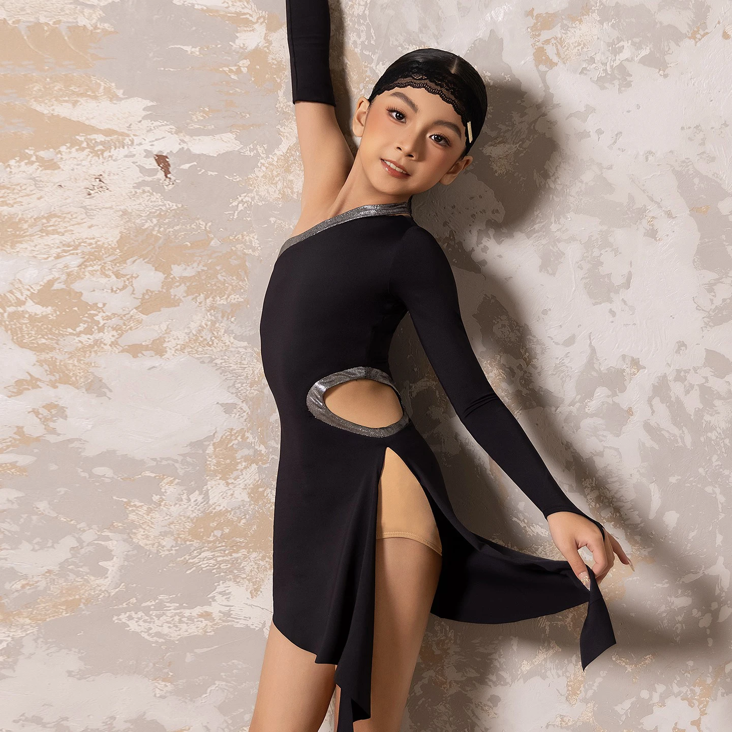 女の子ラテンダンスドレス子供練習服不規則なピンク黒ドレスルンバタンゴダンス服競技ドレス BL18227