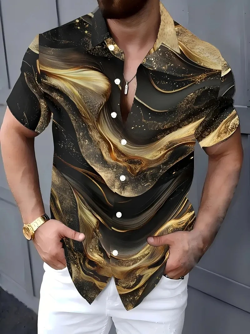 

Hawaiian Men's Wavy Stripe Print Shirt Outdoor Casual Short Sleeve Button Down Shirt Clothing Loose Breathable Beach Shirts Top