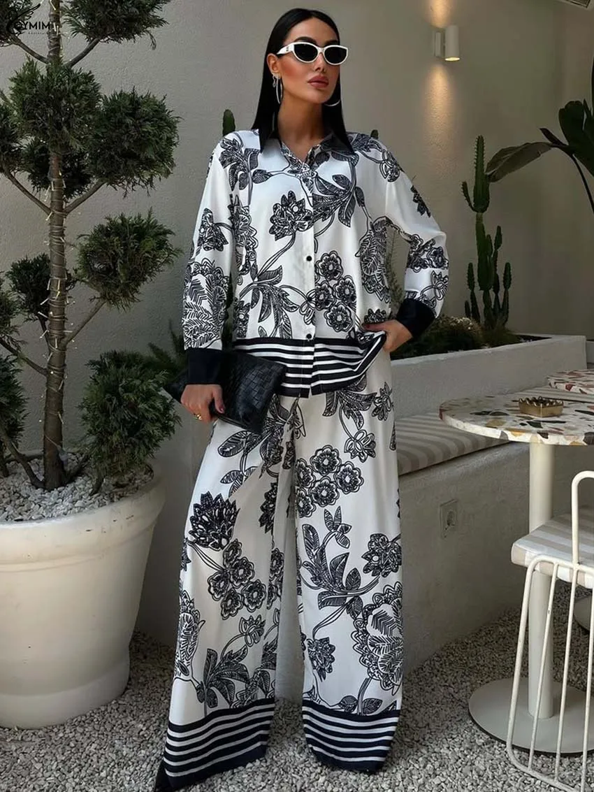 

Oymimi Elegant White Print Women' S Clothes 2 Piece Sets Fashion Long Sleeve Patchwork Button Shirts And High Waist Pants Sets
